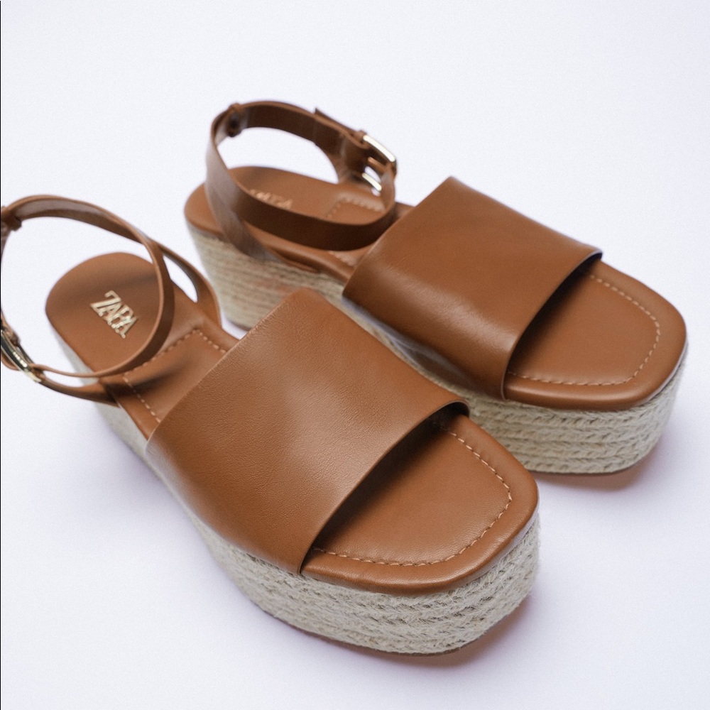 Zara Platform Leather Wedge Sandals sz 10